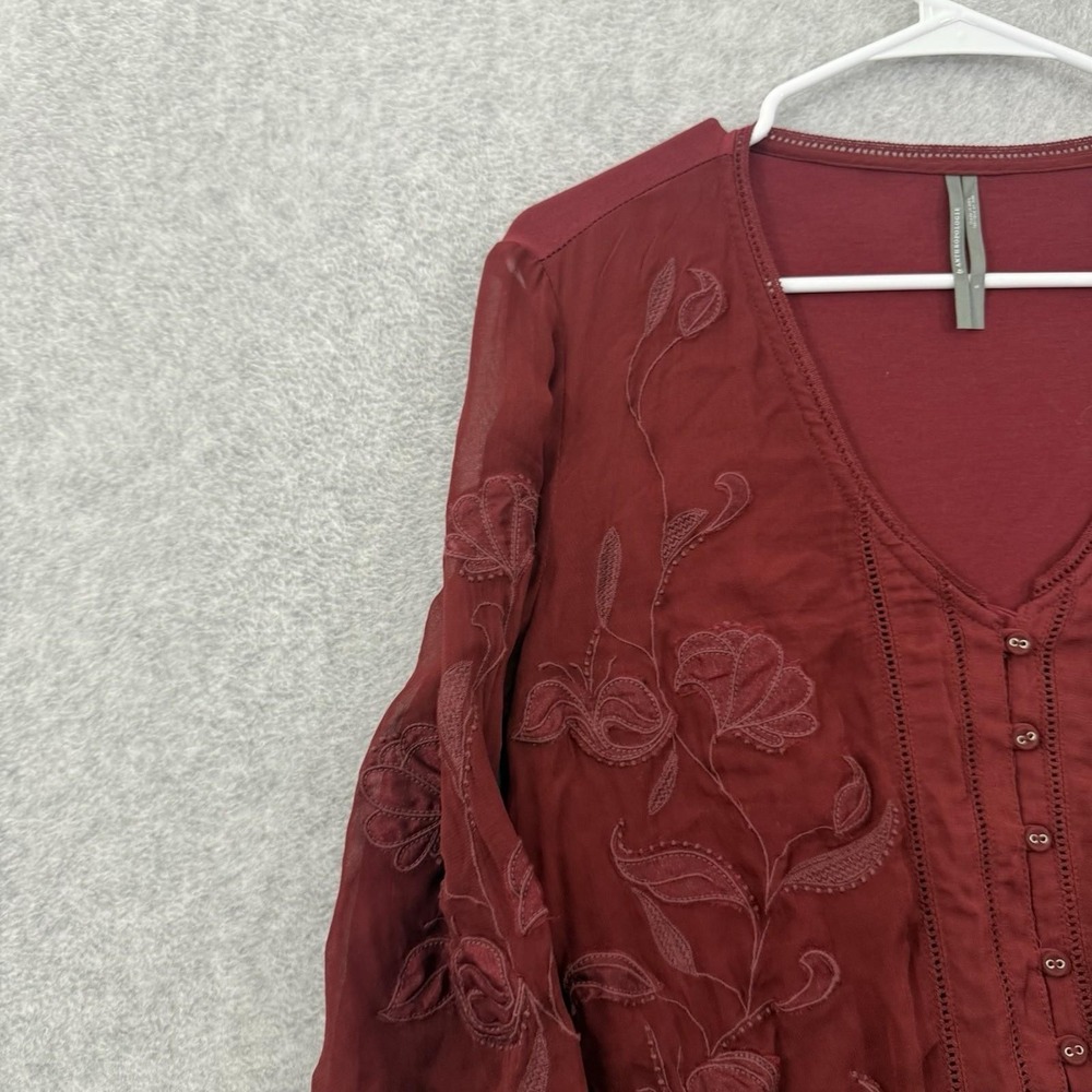 Anthropologie Top Women S Red Maroon Embroidered‎ Button Down Long Sleeve Blouse - Picture 5 of 10